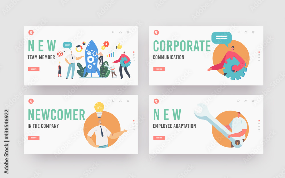 Wall mural new team member landing page template set. tiny businesspeople characters holding huge instruments w