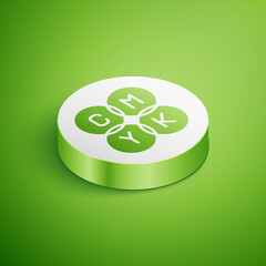 Isometric CMYK color mixing icon isolated on green background. White circle button. Vector