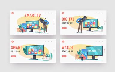 Smart Tv Landing Page Template Set. Tiny Family Characters Sit at Huge Television Set Watch Video with Remote Control