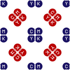 Blue and red CMYK color mixing icon isolated seamless pattern on white background. Vector