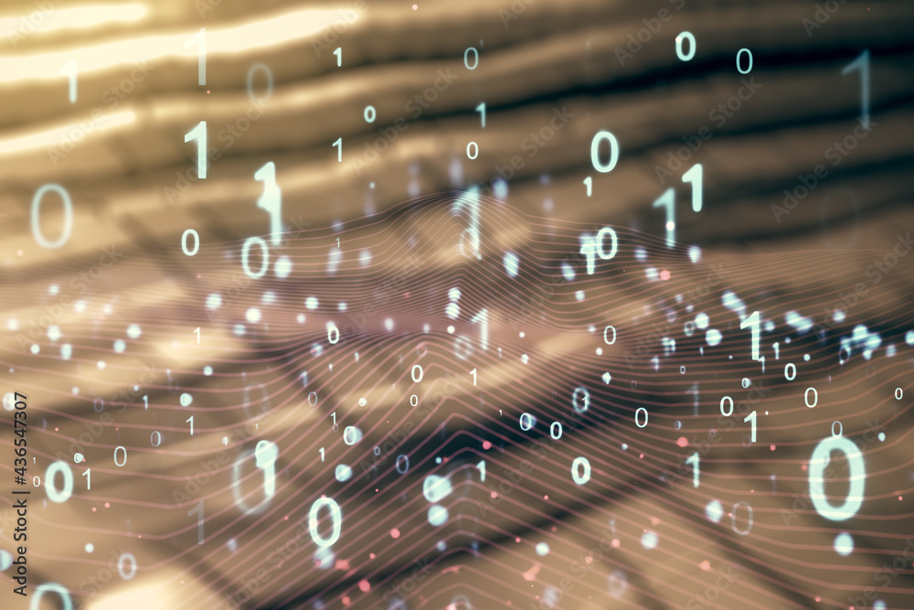 Poster abstract virtual binary code hologram on abstract metal background, ai and machine learning concept.
