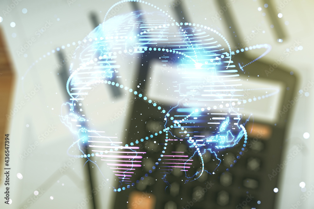 Poster abstract graphic digital world map hologram with connections on blurry calculator and papers backgro