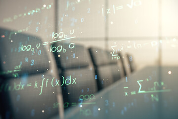 Scientific formula hologram on a modern boardroom background, research concept. Multiexposure