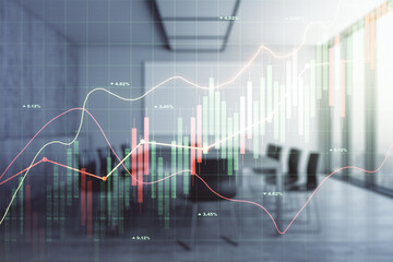 Multi exposure of virtual creative financial chart hologram on a modern meeting room background, research and analytics concept