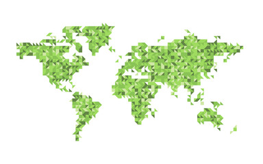 World map green mosaic of small triangles. Vector illustration.