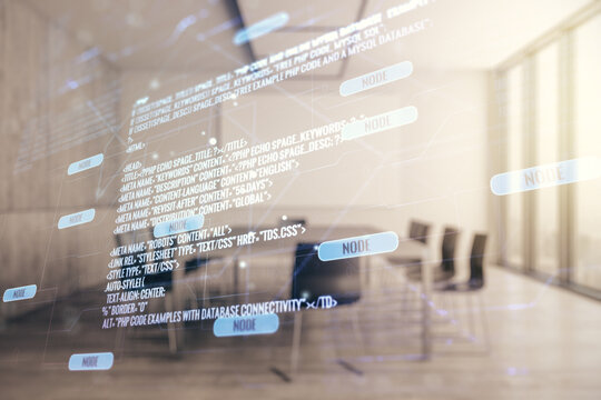 Double exposure of abstract programming language interface on a modern meeting room background, research and development concept