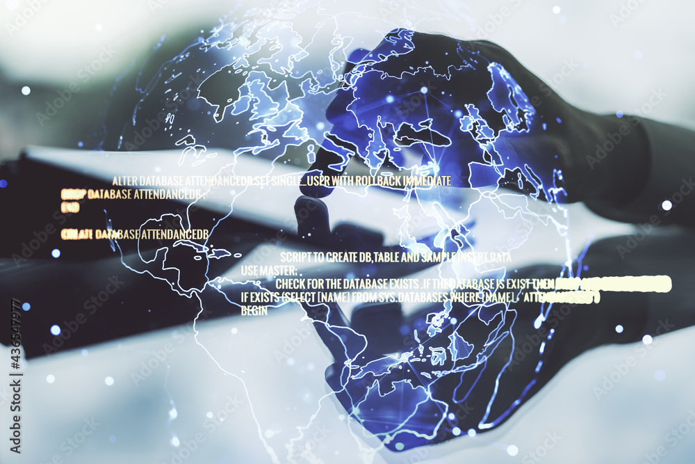 Poster multi exposure of abstract creative coding sketch with world map and finger presses on a digital tab