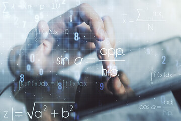 Double exposure of creative scientific formula concept with finger clicks on a digital tablet on background, research and development concept