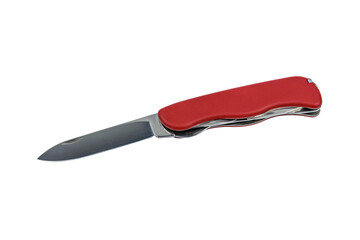 Unfolded all purpose red pocket knife isolated on a white background
