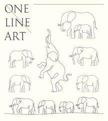 Elephant outline. Linear animal silhouette set. Continuous single line