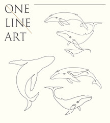 Whale outline. Linear animal silhouette set. Continuous single line