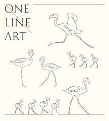 Flamingo outline. Tropical birds contour set. Continuous single line