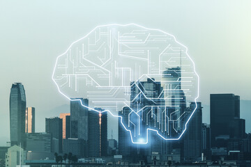 Virtual creative artificial Intelligence hologram with human brain sketch on Los Angeles skyline background. Multiexposure