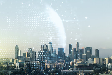 Multi exposure of abstract graphic world map on Los Angeles cityscape background, big data and networking concept