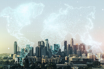 Fototapeta na wymiar Abstract creative world map interface on Los Angeles skyline background, international trading concept. Multiexposure