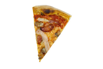 Slice of pizza with sausage, mushrooms and cheese isolated on white background
