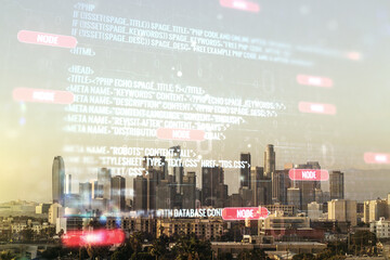 Fototapeta na wymiar Multi exposure of abstract programming language hologram on Los Angeles office buildings background, artificial intelligence and machine learning concept