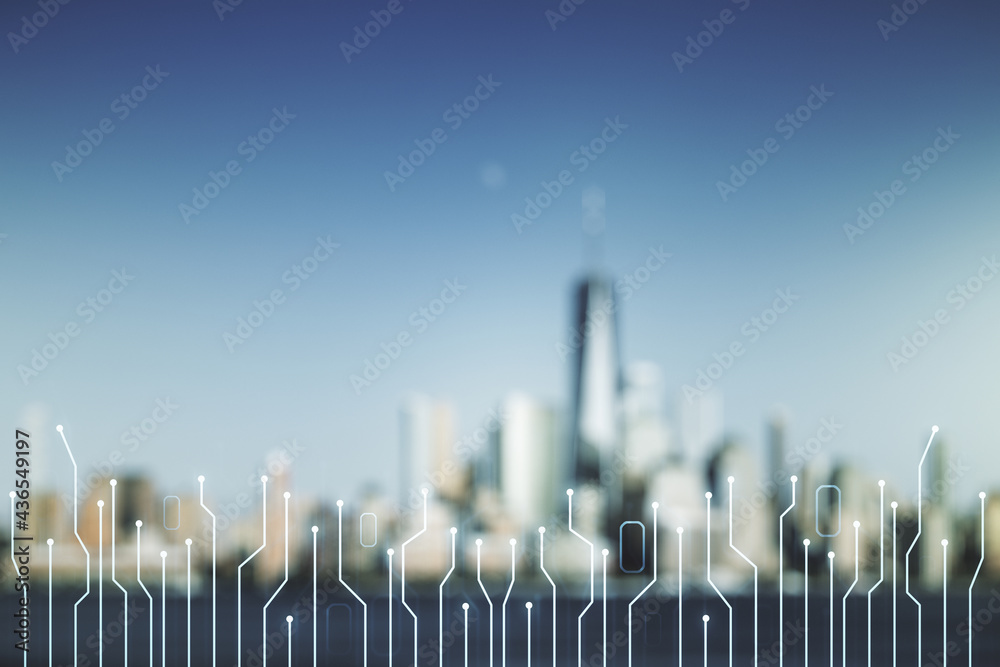 Poster abstract virtual micro chip hologram on blurry skyscrapers background, artificial intelligence and m