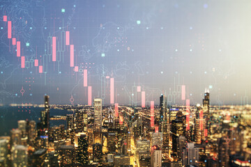 Obraz premium Abstract virtual crisis chart illustration on Chicago skyline background. Global crisis and bankruptcy concept. Multiexposure