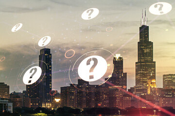 Double exposure of abstract virtual question mark hologram on Chicago city skyscrapers background....