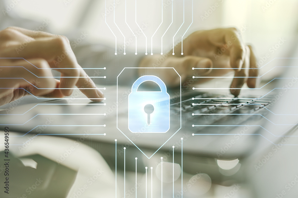 Aufkleber double exposure of creative lock hologram with chip and hands typing on laptop on background. inform