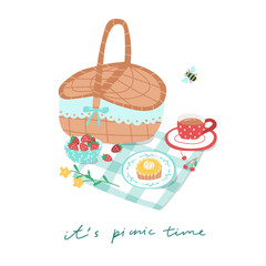 Cute picnic basket, tea cup and various desserts on a checkered towel. Vector illustration of summer picnic concept. Outdoor lunch with a tart, fresh strawberries and cherries. Elements are isolated.