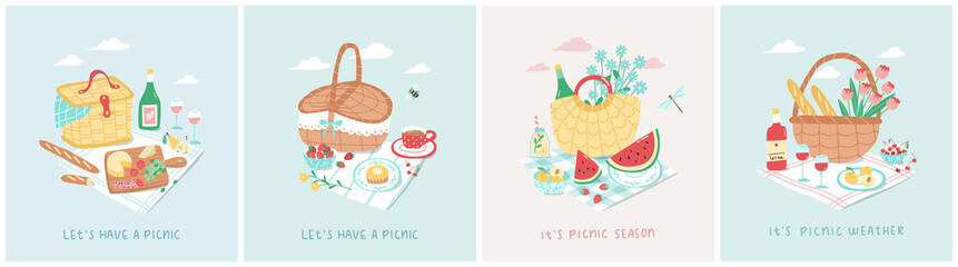 Vector illustration of summer picnic concept. Set of four picnic baskets with various snacks and desserts including wine, pastries, cheese, strawberries. Outdoor dining in colorful cartoon style. - obrazy, fototapety, plakaty