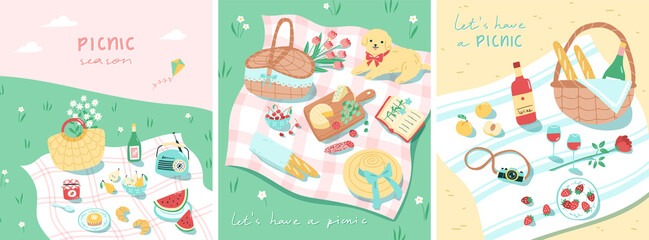 Summer picnic scenes in lovely cartoon style. Vector illustration of picnic baskets, cute dog, wine, pastries. fruits and snacks. Set of three card or banner designs. Summer outdoor dining at a beach  - obrazy, fototapety, plakaty