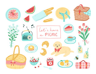 Collection of picnic themed design elements. Includes a cute dog, baskets, rug, cakes, tart, cherries, watermelon and other desserts. Vector illustration of a summer picnic concept in cartoon style.