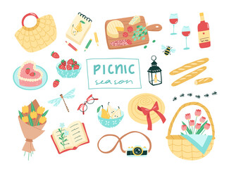 Set of picnic themed vector elements. Includes basket, cheese plate, wine, cake, fruits, sun hat and all things necessary for a good picnic in cute cartoon style. Elements are isolated.