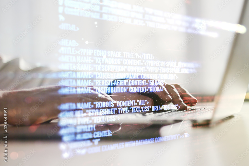 Poster double exposure of abstract creative programming illustration and hands typing on laptop on backgrou
