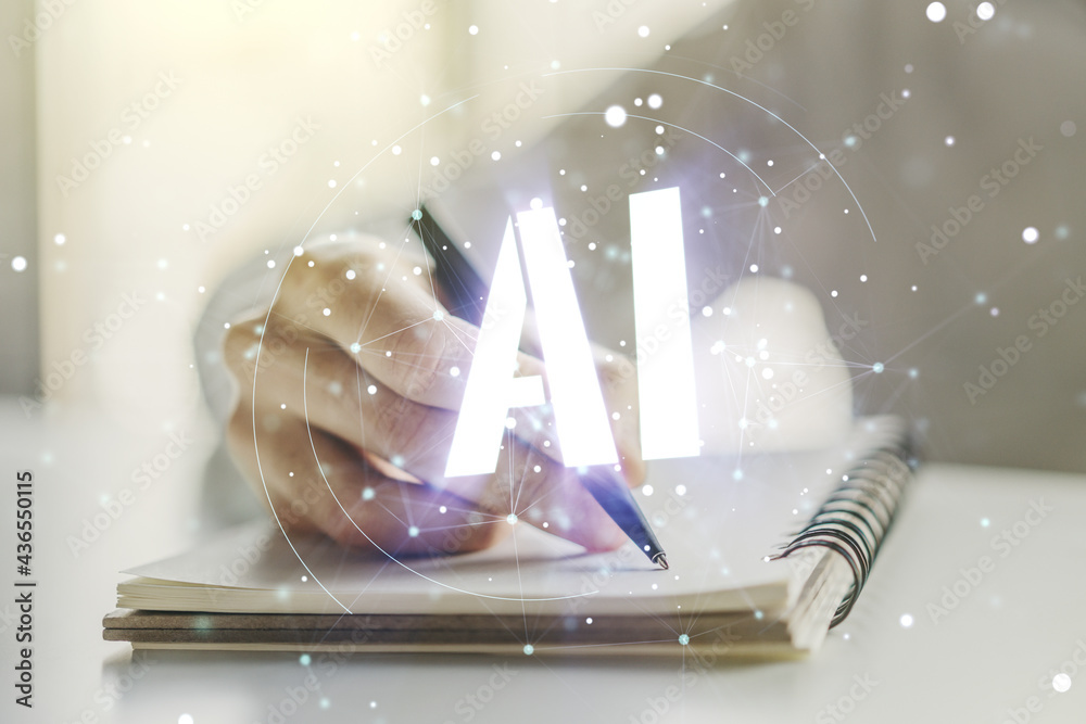 Poster creative artificial intelligence symbol concept with man hand writing in notebook on background. mul