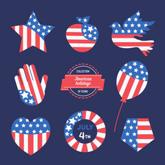 American holiday flat vector icon set. United States of America flag colors symbols illustration. Greeting party celebration decoration background. USA flag color heart, star, shield shapes collection