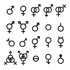 Vector Gender symbols and Sexual orientation icons set isolated on white background. Male, female, transgender, gay, lesbian, bisexual, bigender, travesti, genderqueer, androgyne, asexual lgbt