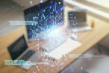 Creative code skull sketch and modern desk with computer on background, theft of personal data and malware concept. Multiexposure