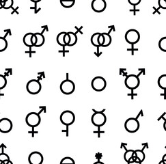Vector seamless pattern of Gender symbols and Sexual orientation isolated on white background. Male, female, transgender, gay, lesbian, bisexual, bigender, travesti, genderqueer, asexual lgbt