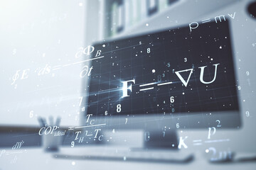 Creative scientific formula hologram and modern desk with computer on background, research concept....
