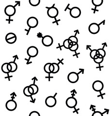 Vector seamless pattern of Gender symbols and Sexual orientation isolated on white background. Male, female, transgender, gay, lesbian, bisexual, bigender, travesti, genderqueer, asexual lgbt