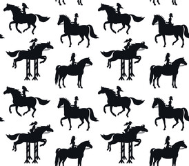 Vector seamless pattern of women girl riding horse silhouette isolated on white background