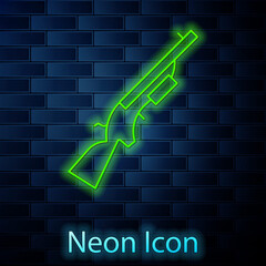 Glowing neon line Shotgun icon isolated on brick wall background. Hunting gun. Vector