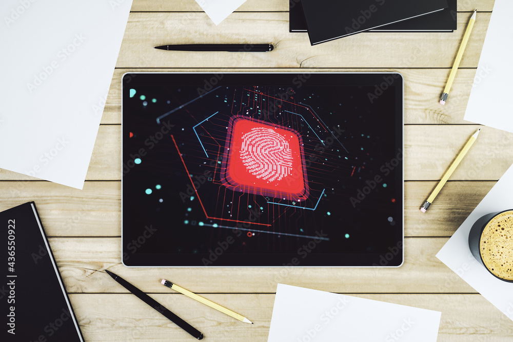 Aufkleber abstract creative fingerprint hologram on modern digital tablet screen, protection of personal infor