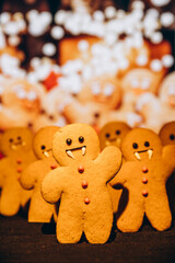 Halloween Gingerbread Cookies on black background, selective focus and blank space. creative Halloween background