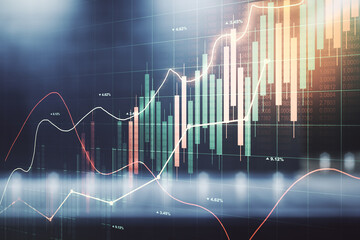 Multi exposure of abstract virtual financial graph hologram on blurry modern office building background, forex and investment concept