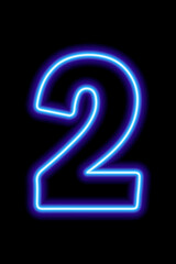 Neon blue number 2 on black background. Serial number, price, place