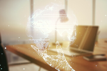 Abstract creative digital world map on modern computer background, globalization concept....