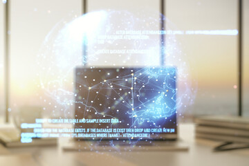 Multi exposure of abstract graphic coding sketch with world map on modern computer background, big data and networking concept