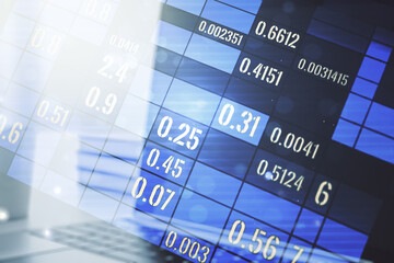 Multi exposure of abstract graphic data spreadsheet sketch on modern computer background, analytics and analysis concept