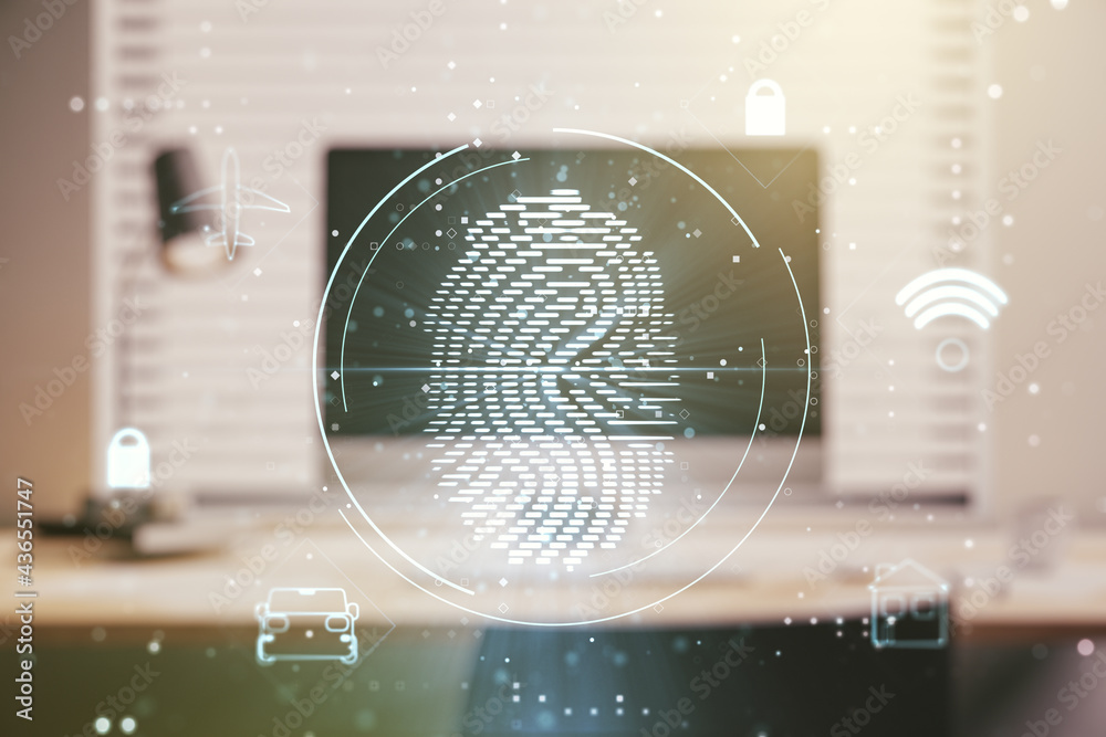 Fototapete Multi exposure of abstract fingerprint scan interface on computer background, digital access concept