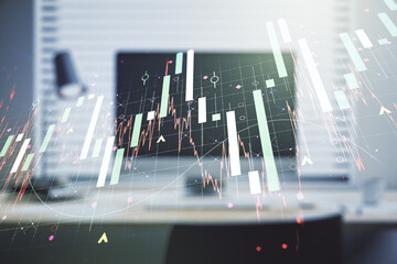 Abstract creative financial graph on modern laptop background, forex and investment concept. Multiexposure