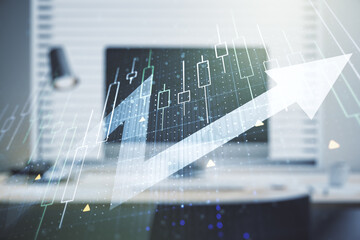 Double exposure of abstract creative financial diagram with upward arrow on computer background, growth and development concept